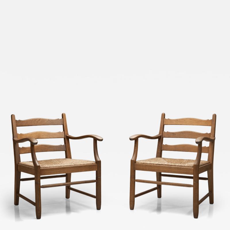Pair of Oak Side Chairs with Rush Seats Europe 1960s