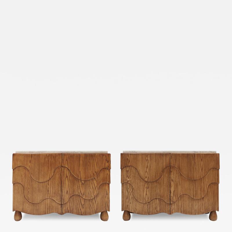 Pair of Oak Wood Sideboards with Travertine Top Italian Contemporary Design