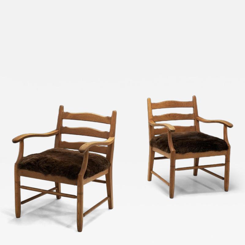 Pair of Oak and Sheepskin Side Chairs Europe 1960s