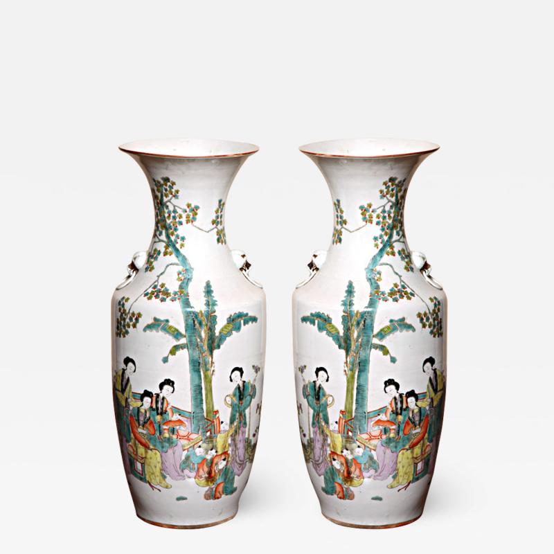 Pair of Old Hand Painted Tall Porcelain Oriental Vases