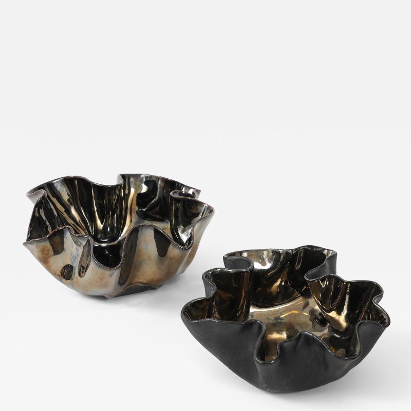 Pair of Organic Shaped Ceramic Bowls in Platinum Made By Aram C 