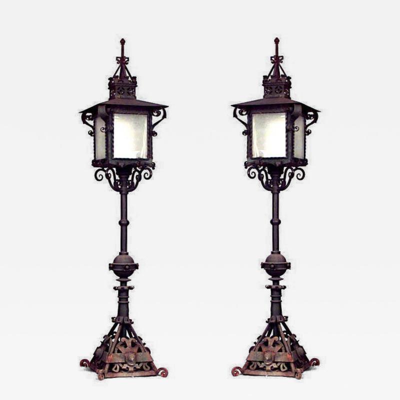Pair of Outdoor Continental Patinated Iron Street Lanterns