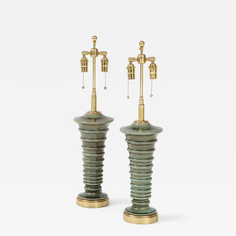 Pair of Pagoda Shaped Ceramic Lamps with a Beautiful Moss Glaze 