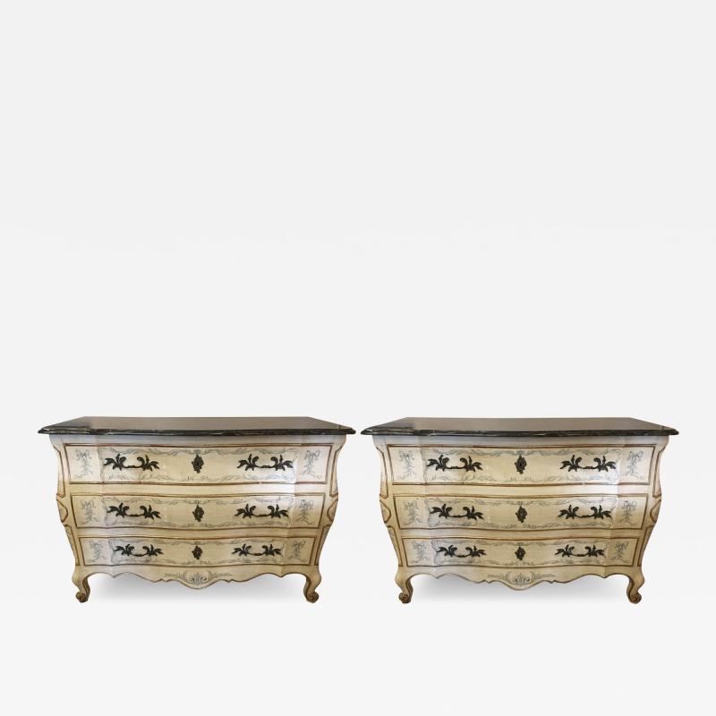 Pair of Painted Bombe Marble Top Chests or Commodes by John Widdicomb
