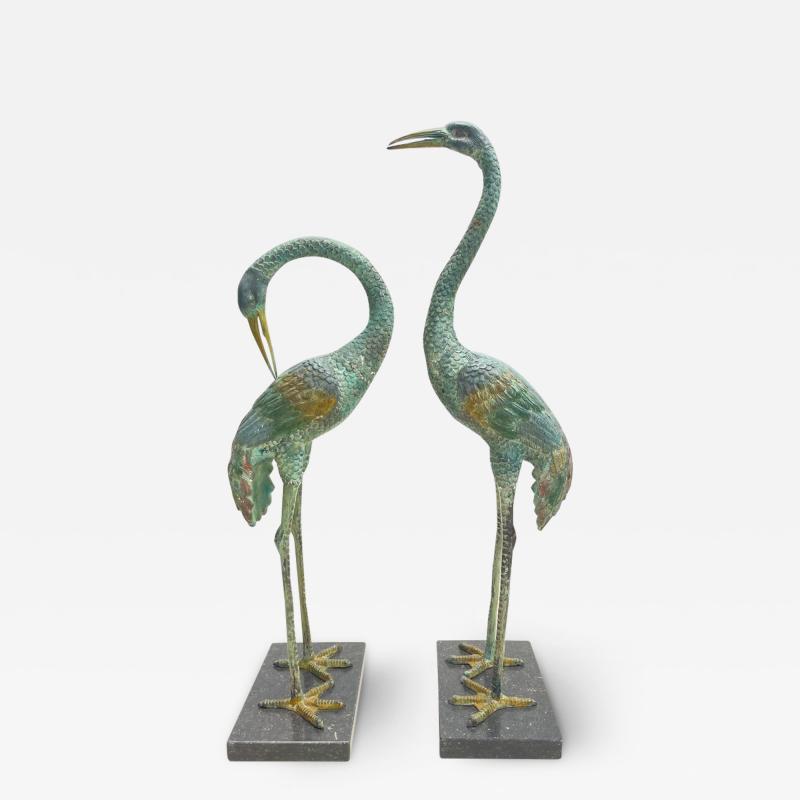 Pair of Painted Bronze Heron Statues