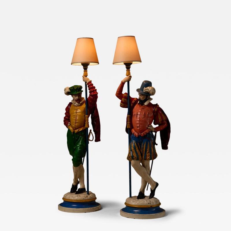 Pair of Painted Cast Iron Guard Figures Table Lamps