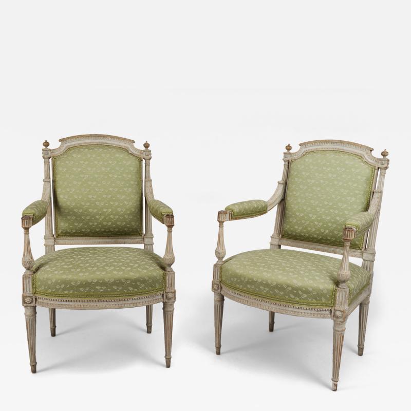 Pair of Painted Louis XVI Armchairs Fauteuils 