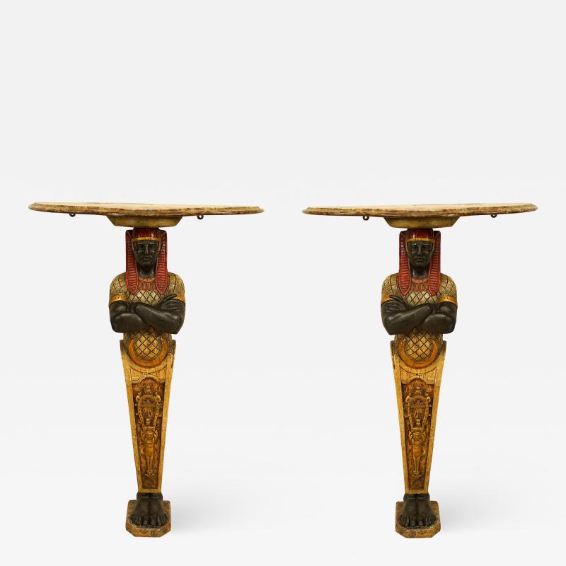 Pair of Pair of Egyptian Style Painted Figural Marble Top Console Table