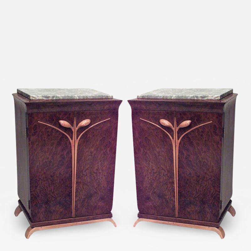 Pair of Pair of French Art Deco Burl Walnut and Marble Bedside Commodes