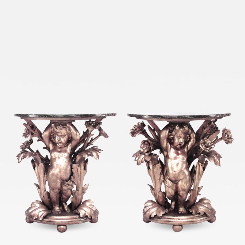 Pair of Pair of French Louis XV Gilt Cupid Marble Top Console Table