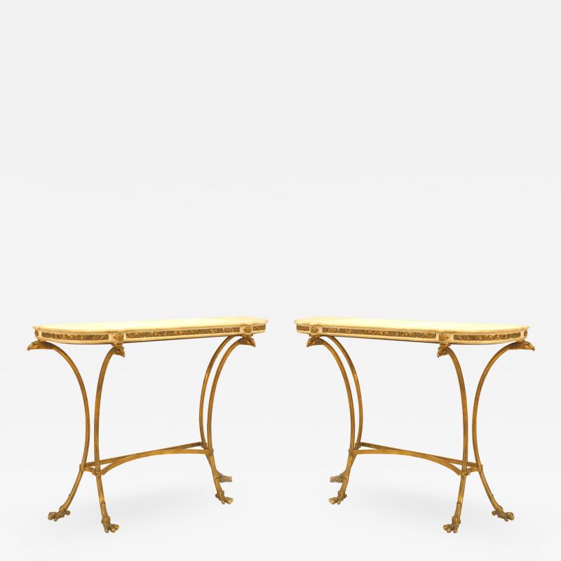 Pair of Pair of French Louis XVI Style Bronze Dore Marble Top Console Table