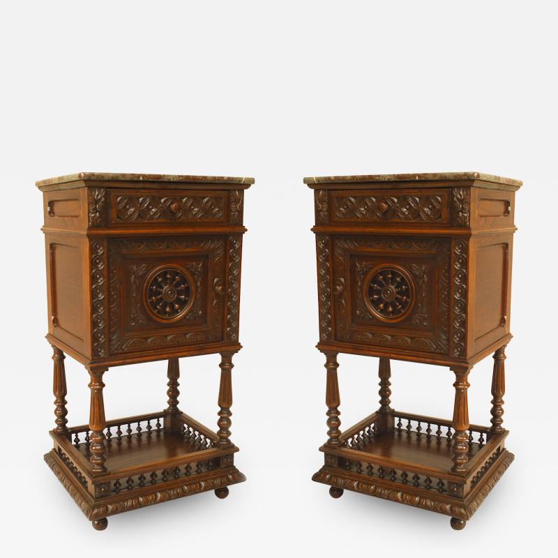 Pair of Pair of French Provincial Brittany Style Oak and Marble Bedside Commodes