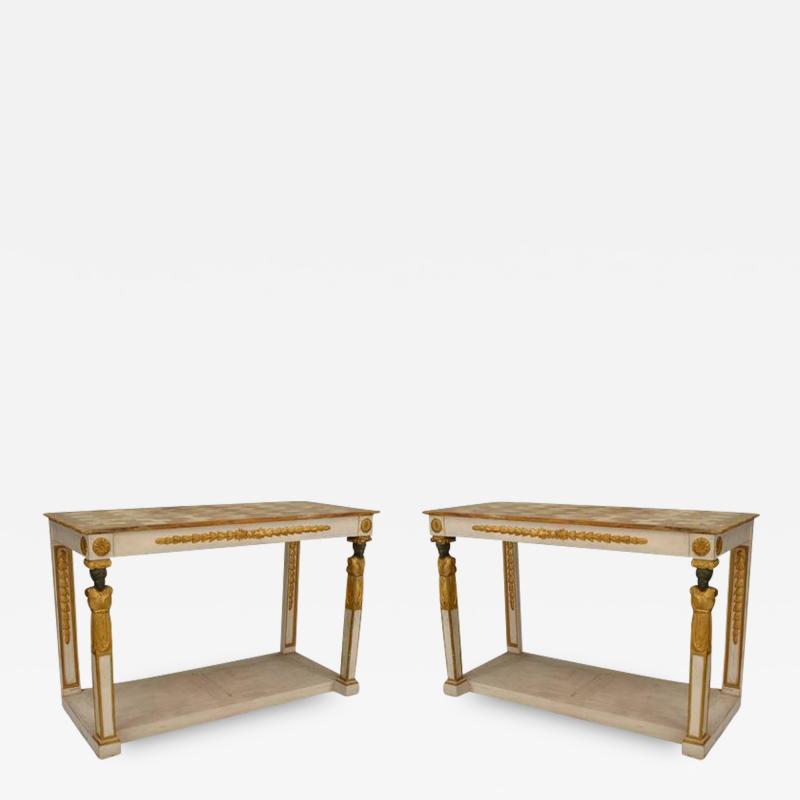 Pair of Pair of Italian Neo Classic Painted Onyx Top Console Table