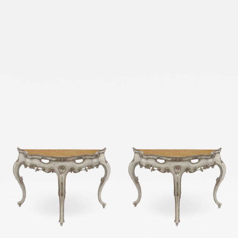 Pair of Pair of Italian Rococo Silver Gilt Marble Top Console Table