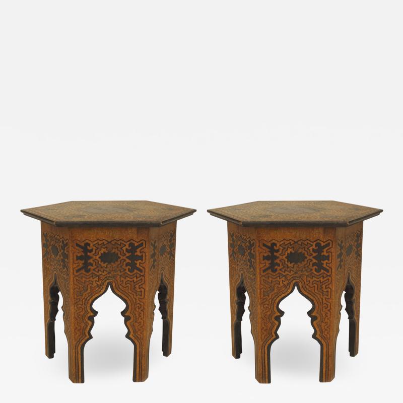 Pair of Pair of Middle Eastern Moorish Style Burnt Wood Hexagonal Taborets