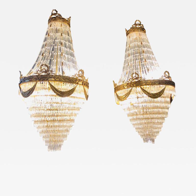 Pair of Palatial Bronze and Crystal Swag Design Louis XVI Style Chandeliers
