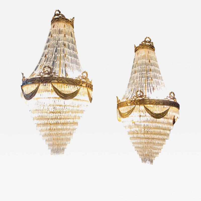 Pair of Palatial Bronze and Crystal Swag Design Louis XVI Style Chandeliers