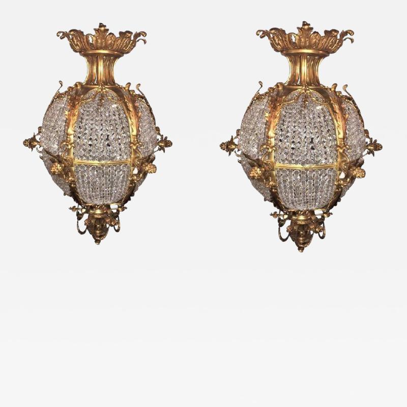 Pair of Palatial Dor Bronze Circular Crystal Beaded Ball Chandeliers