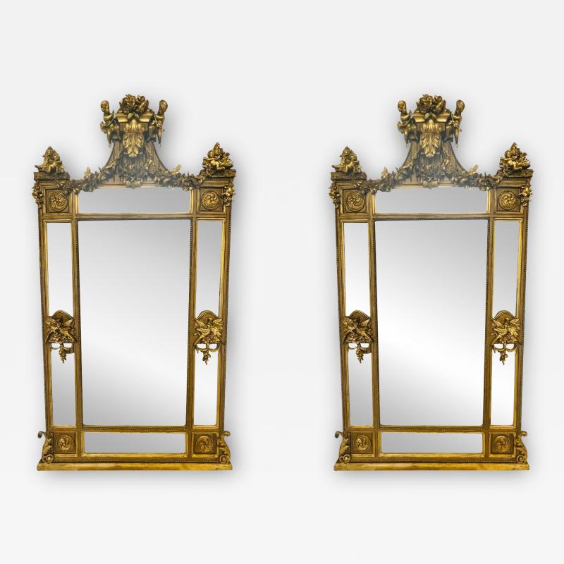 Pair of Palatial Mirrors Louis XVI Giltwood Hand Carved Pier Console Wall