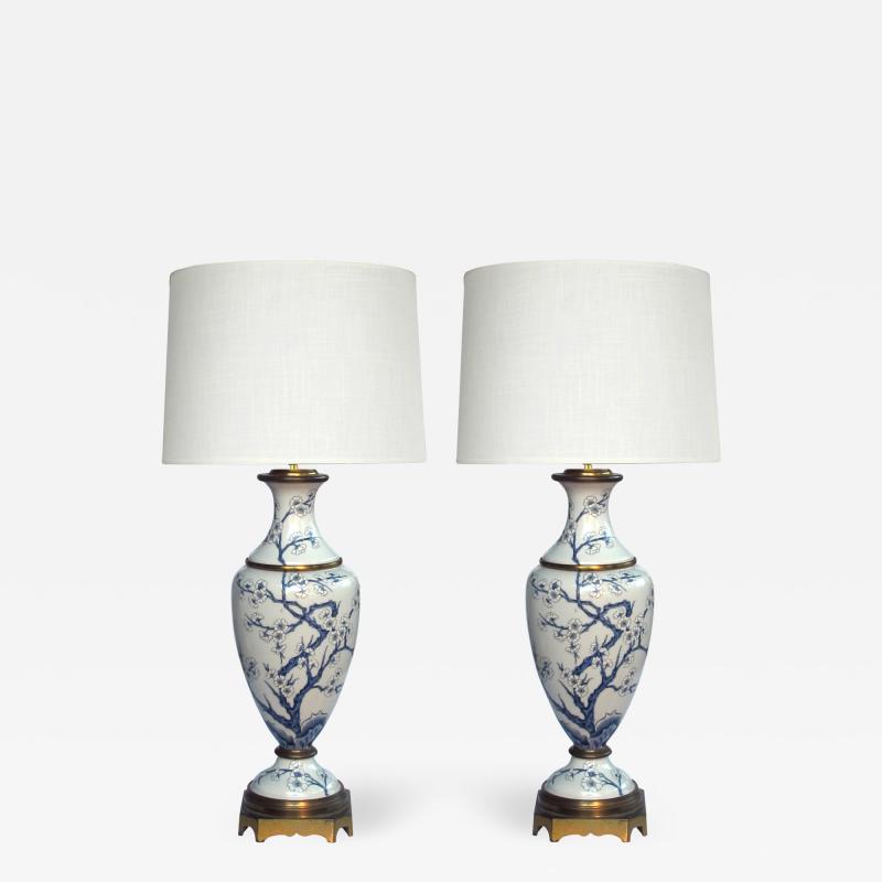 Pair of Paris Porcelain Blue and White Hand painted Baluster form Lamps