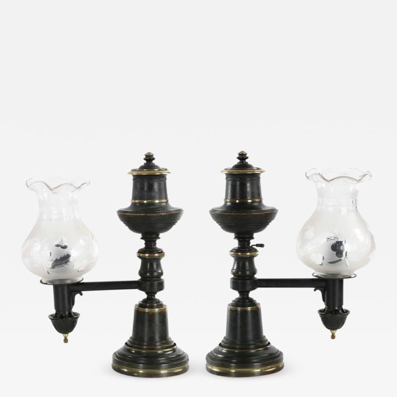 Pair of Patinated Brass Electrified Oil Lamps England 19th Century