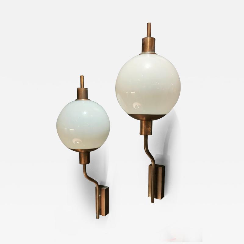 Pair of Patinated Brass and Opaline Sconces Italy 1960s