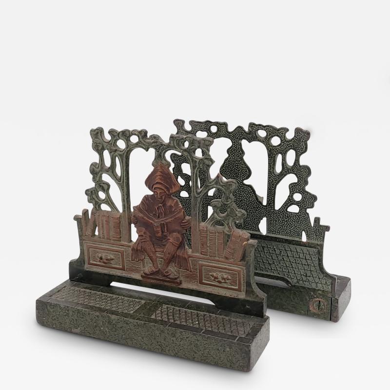 Pair of Patinated Bronze Bookends on Granite Bases Inspired by Maxfield Parrish