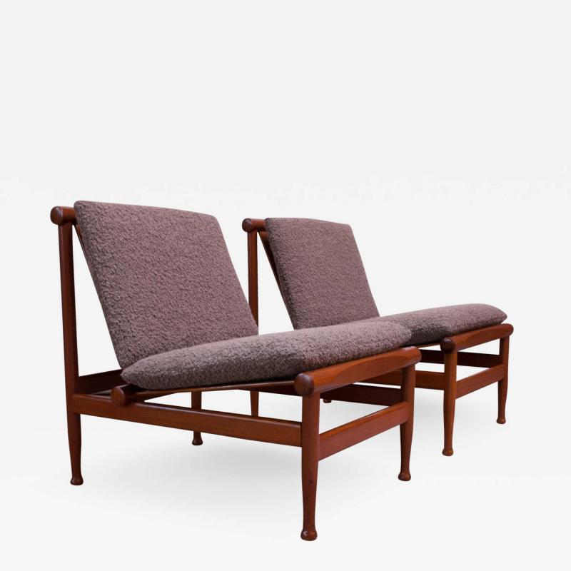 Pair of Petite Danish Modern Slipper Chairs in Teak and Gray Boucl 