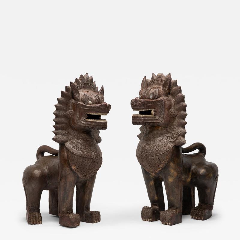 Pair of Polychrome Khmer Guardian Lions