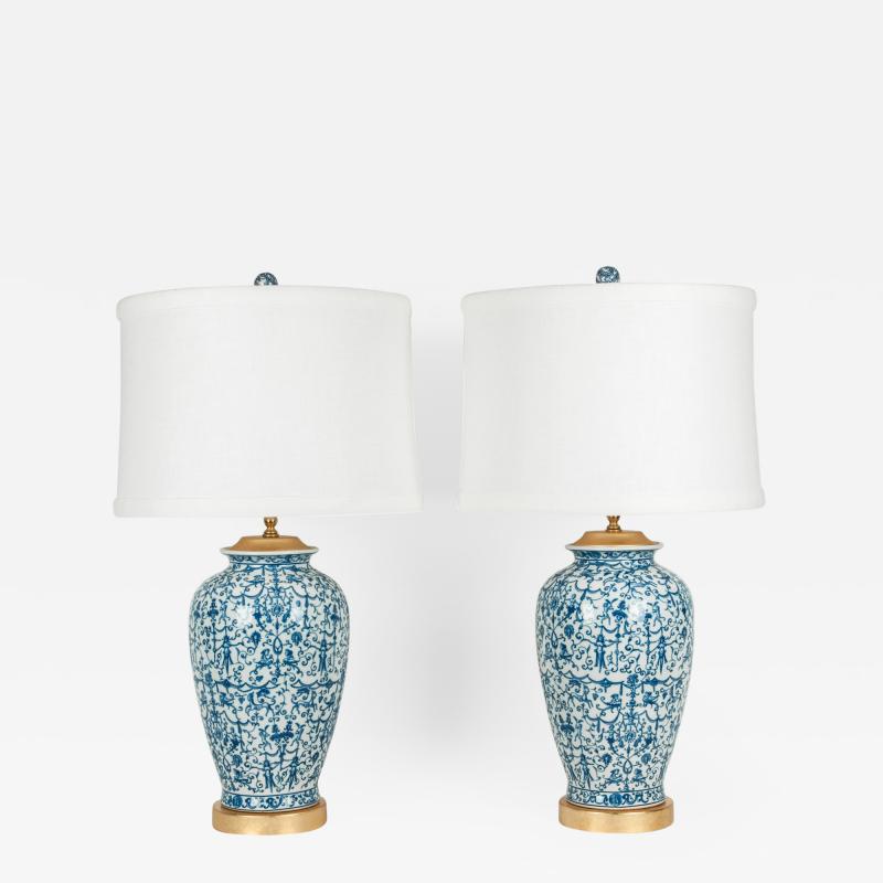 Pair of Porcelain with Wooden Base Gold Plated Task Table Lamps