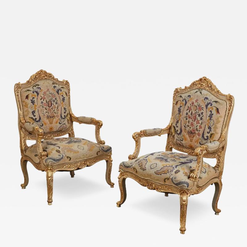 Pair of Quatrain for Dessin Fournir Louis XV Style Giltwood Fauteuils Arm Chairs