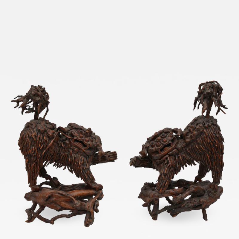 Pair of Rare Chinese Carved Wood Foo Dogs