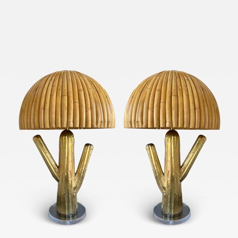 Pair of Rattan and Brass Cactus Lamps Italy