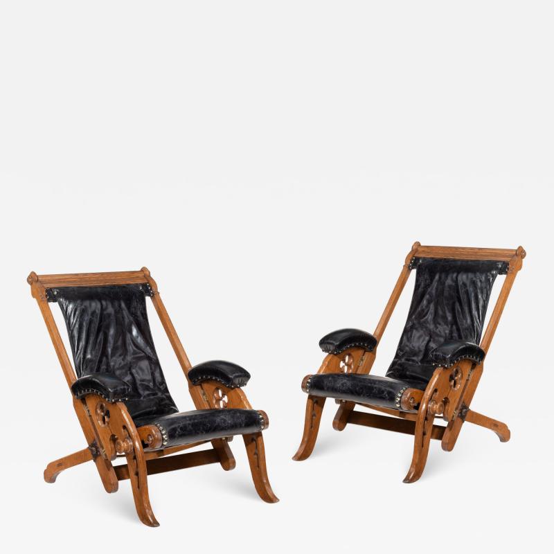 Pair of Reclining Gothic Oak Library Chairs