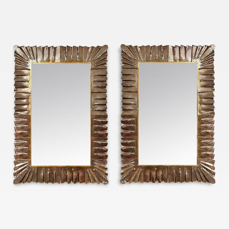 Pair of Rectangular Murano Bronze Glass Framed Mirrors in Stock