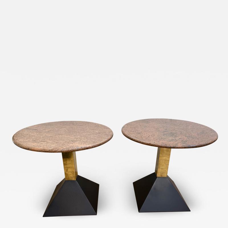 Pair of Red Granite and Brass Side Tables Italy 1980s