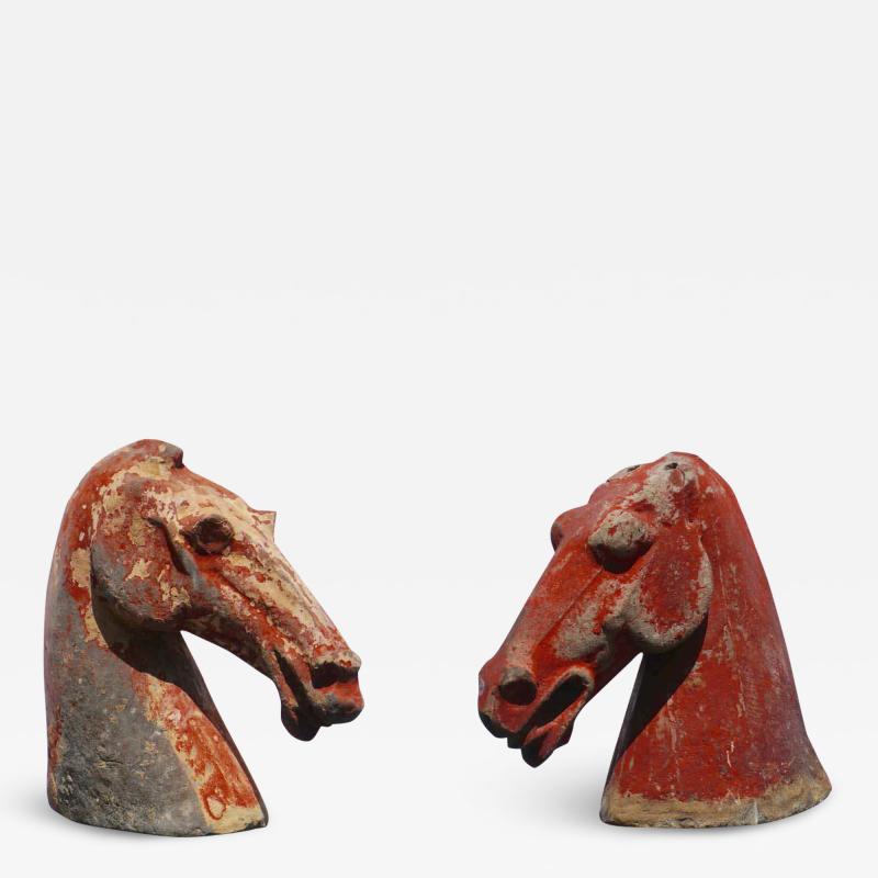 Pair of Red Han Dynasty Gray Pottery Horse Heads 206BC 220AD