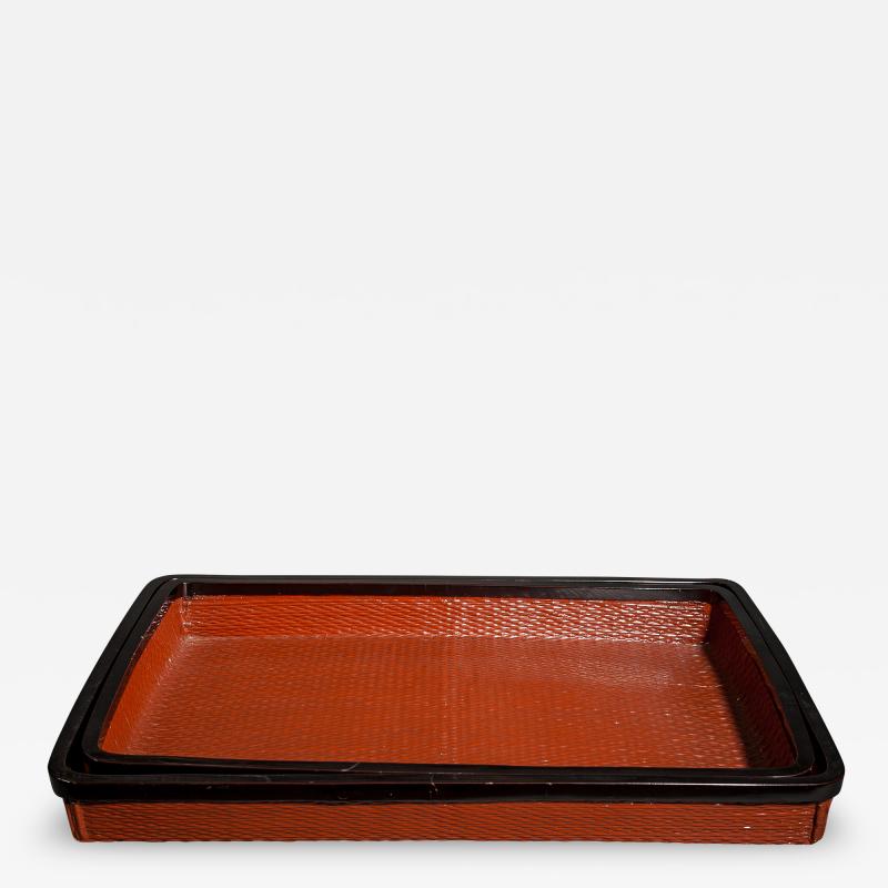 Pair of Red Japanese Lacquer Woven Nesting Trays