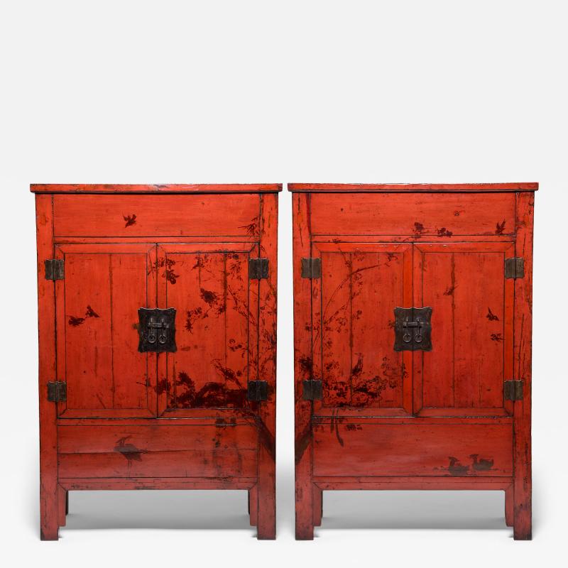 Pair of Red Lacquer Cabinets with Birds in Flight