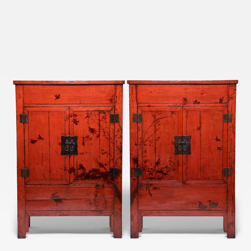 Pair of Red Lacquer Cabinets with Birds in Flight