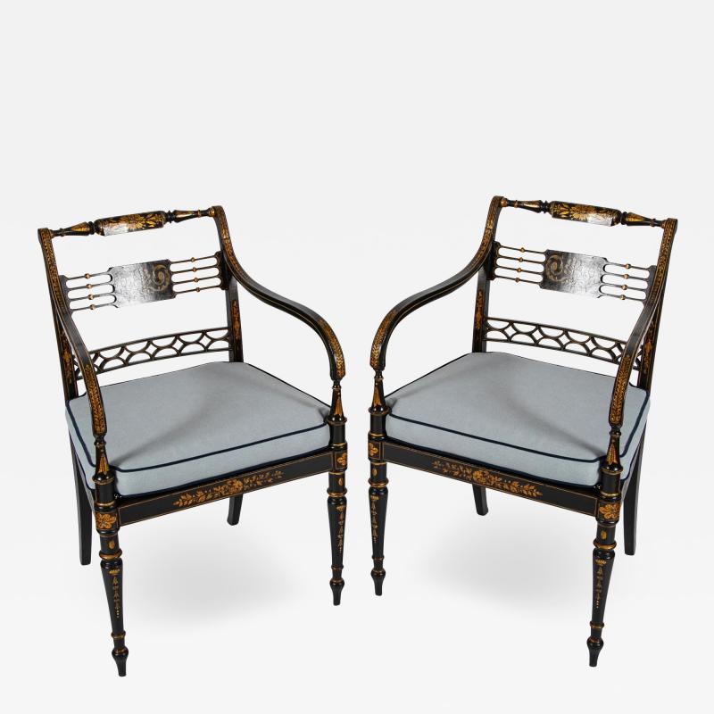 Pair of Regency Ebonized Caned Seat Armchairs