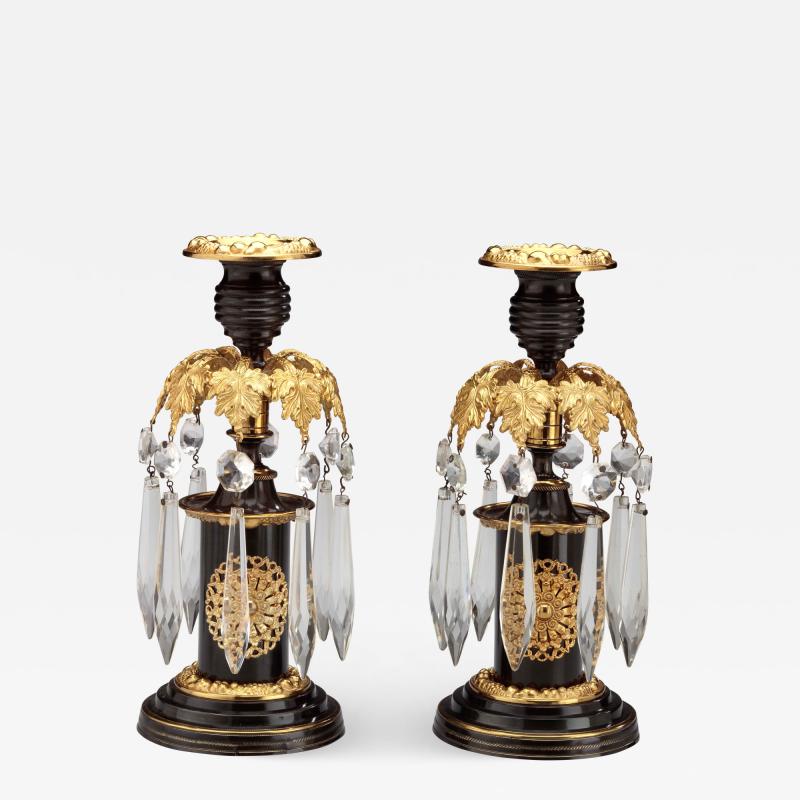 Pair of Regency Lacquered Brass Candlesticks with Glass Prisms