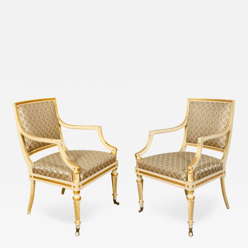 Pair of Regency Painted and Gilded Armchairs