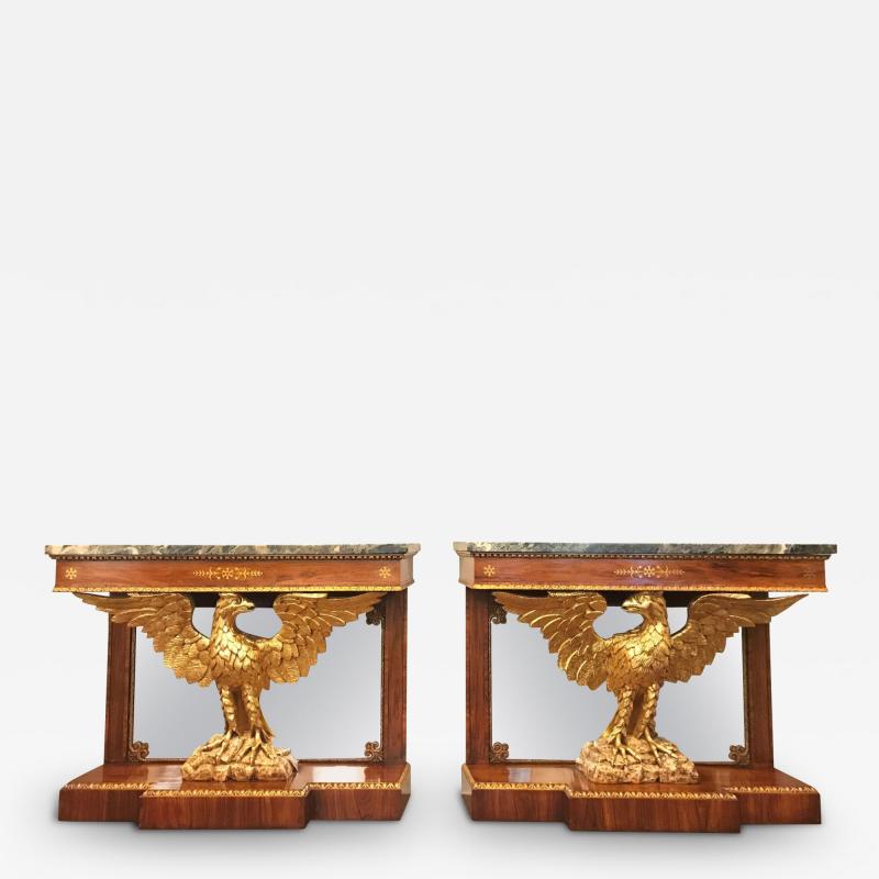 Pair of Regency Style Brass Inlaid Rosewood Parcel Gilt and Marble Consoles