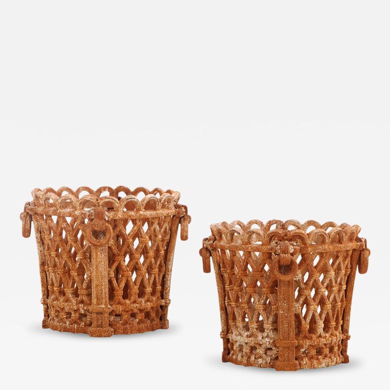 Pair of Regency Style Cast Iron Planters with Ring Handles 