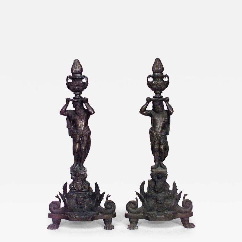 Pair of Renaissance Bronze Figure Andirons