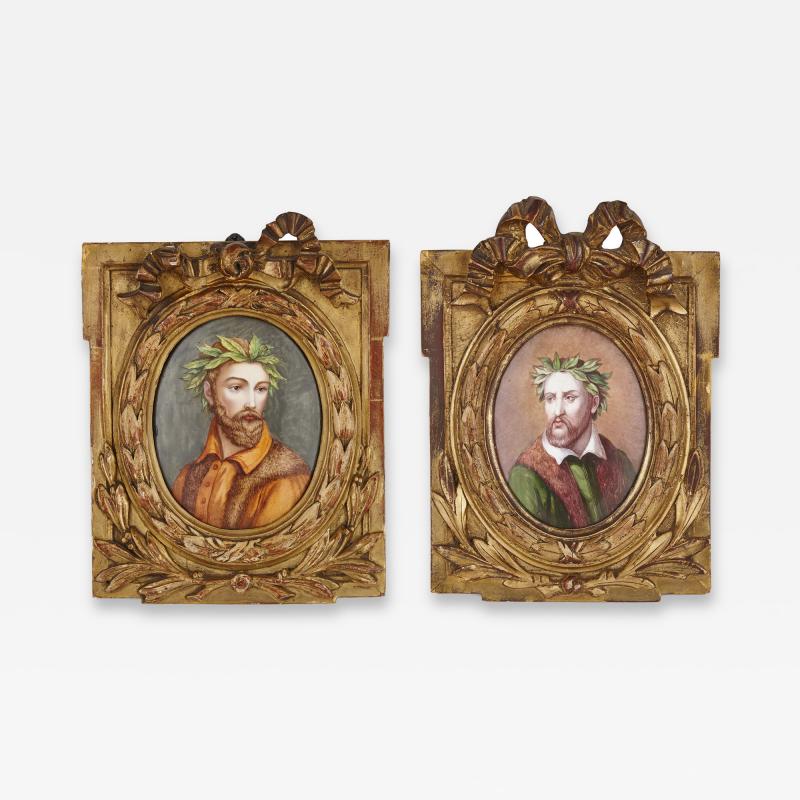 Pair of Renaissance style enamel plaques in giltwood frames