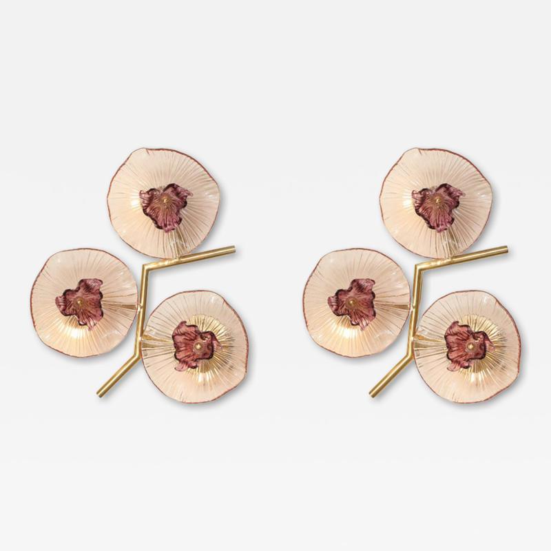 Pair of Rose Pink Murano Flower Floral Glass and Brass Sconces Italy