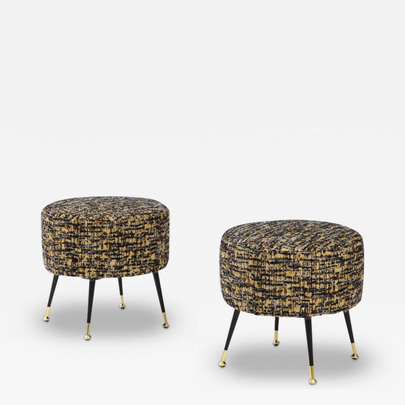 Pair of Round Stools or Poufs in Black Boucle with Black and Brass Legs Italy