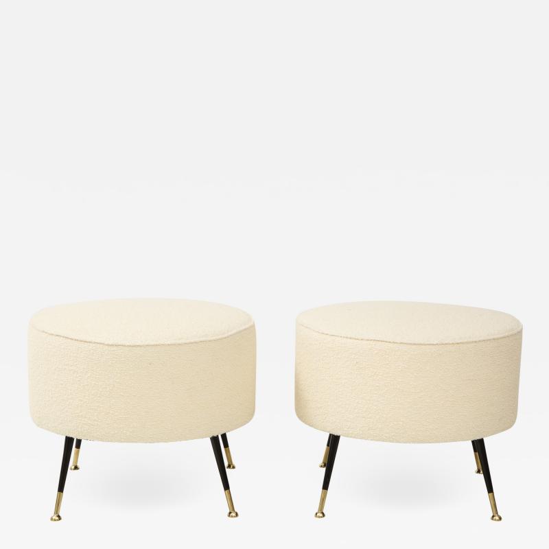 Pair of Round Stools or Poufs in Ivory Boucle Brass Legs Italy 2021